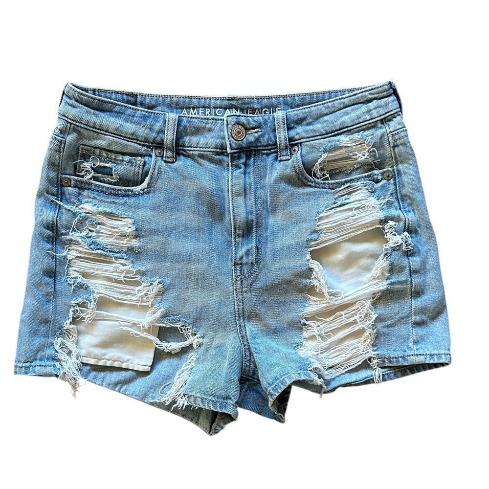 American Eagle Mom Light Blue Distressed Jean Shorts
